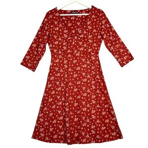 Toad & Co Red Floral Print V Neck 3/4 Sleeve Midi Dress